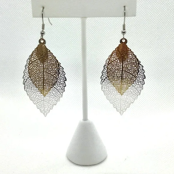BOHO LEAF EARRINGS DROP EARRINGS NEW DOUBLE LEAF GOLD SILVER FAST SHIP! - Picture 7 of 7